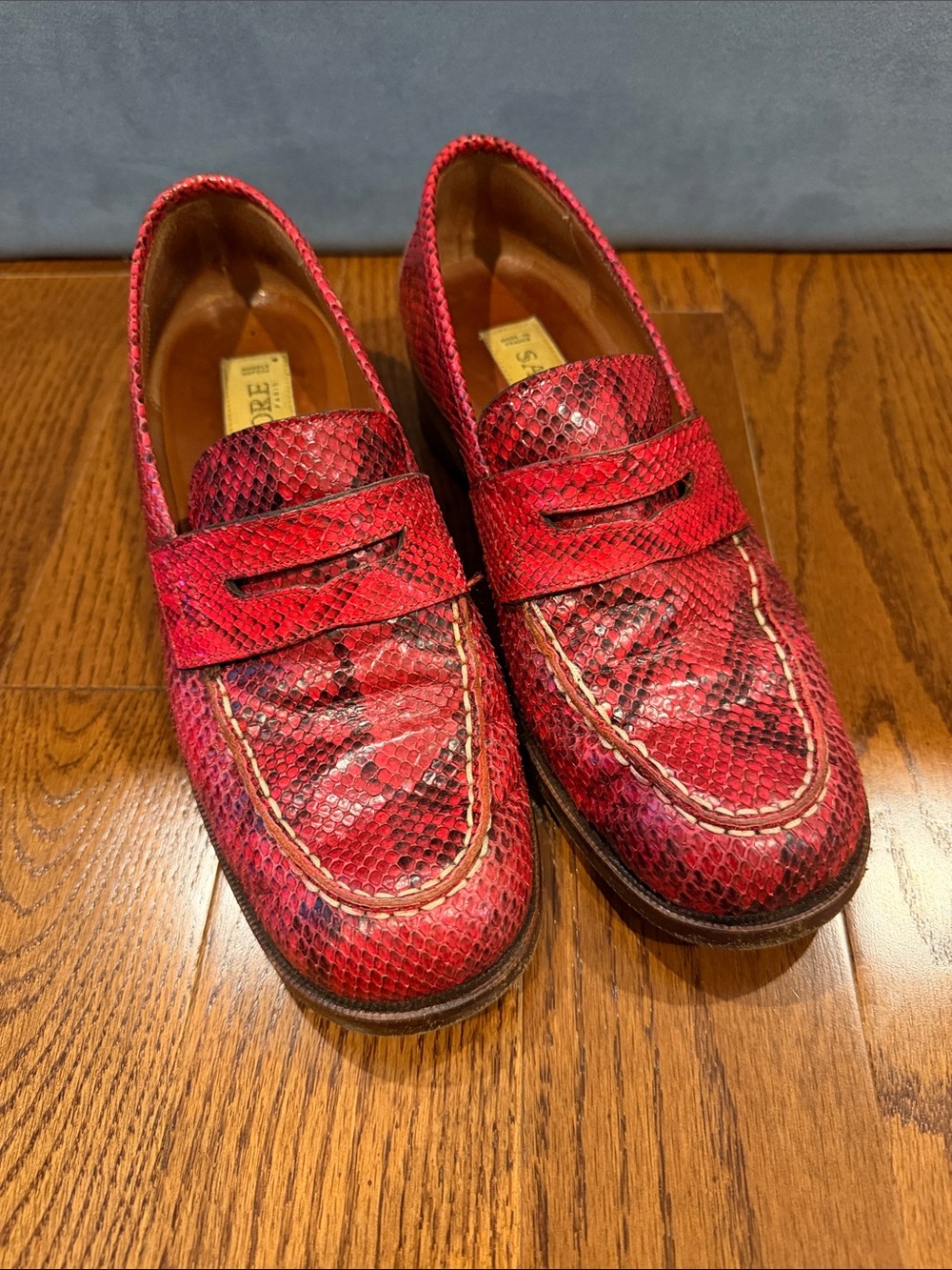 Sartore Red Snakeskins Printed Penny Loafers